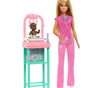 Barbie Baby Doctor Doll w/ Blonde Fashion Doll, 1 Baby Doll and Furniture